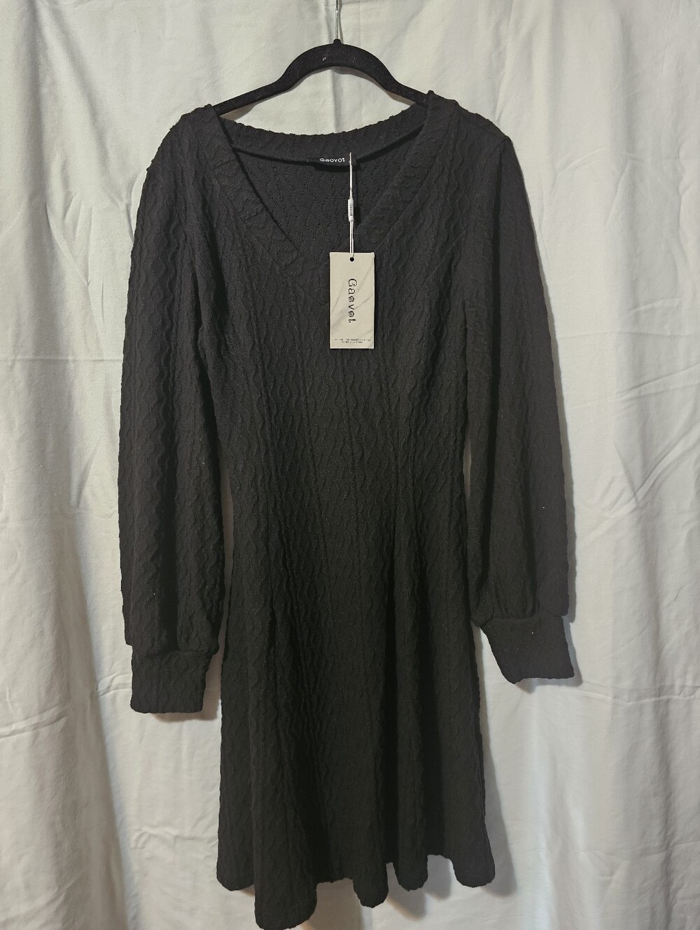 Casual Black Textured V-Neck Long Sleeve Dress by